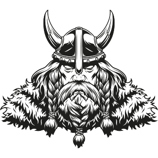 Natural Pharmaceuticals OmegaMarine™ Premium Viking harcos sisakban, hosszú szakállal és fonott hajjal részletes fekete-fehér rajzon ábrázolva.