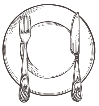 Natural Pharmaceuticals OmegaMarine™ Premium Egy üres fehér tányér, mellette villa és kés, egyszerű étkezési eszközök rajza.