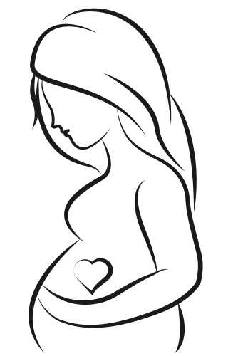 Natural Pharmaceuticals OmegaMarine™ Premium Egyszerű vonalrajz egy pocakos, terhes nőről, aki a hasát öleli, középen szív szimbólummal.