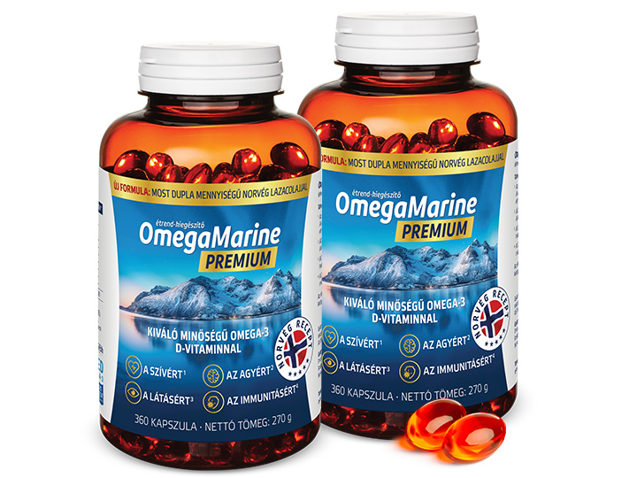 Natural Pharmaceuticals OmegaMarine™ Premium Két csomag OmegaMarine™ Premium étrend-kiegészítő, átlátszó barna üvegben, fehér kupakkal. A címkén az Omega-3 zsírsavak és a D-vitamin tartalmára vonatkozó információk. A szívre, az agyra, a látásra és az immunrendszerre gyakorolt előnyök a csomagolás alján szerepelnek.