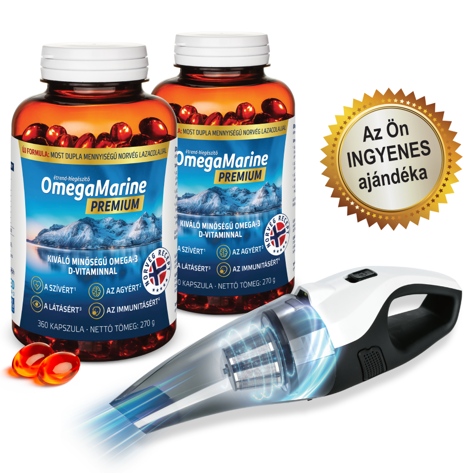 Natural Pharmaceuticals OmegaMarine™ Premium éves készlet kézi porszívó ajándékkal.