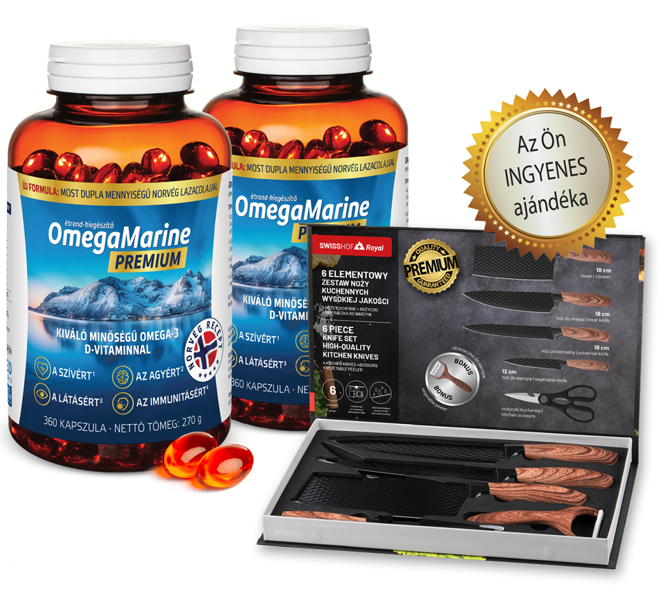 Natural Pharmaceuticals OmegaMarine™ Premium Két nagy üveg „OmegaMarine™ Premium” étrend-kiegészítő, vörös-narancs színű kapszulákkal töltött; előttük két laza kapszula fekszik. Jobbra egy nyitott doboz, benne egy 6 darabos Swisshof Royal konyhakéskészlet. A doboz fölött a felirat a következő: „Az Ön INGYENES ajándéka”.