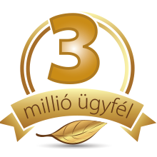 Natural Pharmaceuticals OmegaMarine™ Premium Arany jelvény, tetején nagy „3” számmal és „millió ügyfél” feliratú szalaggal. Alul stilizált aranylevél.